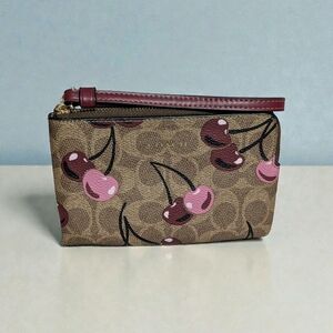 Coach Corner Zip Wristlet Signature Canvas With Cherry Print Tan Multi (NWT)